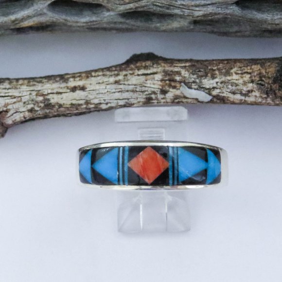 Turquoise Spiny Oyster Black Onyx Inlay Sterling Silver Ring SZ 10 1/2